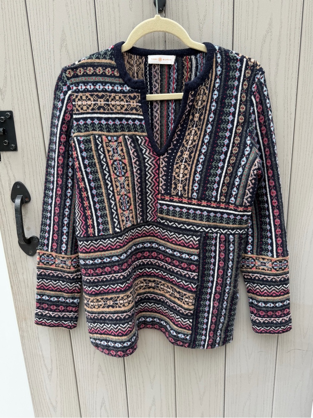 Tory Burch Multicolor Patterned Knit Wool Pullover — Navy, Pink & Cream Accents